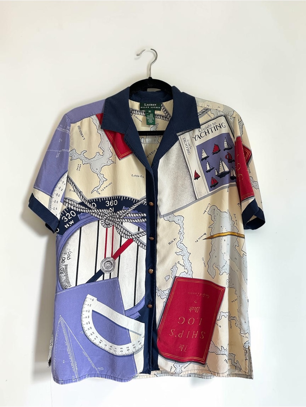 Vintage Lauren Ralph Lauren 100% Silk Nautical Yachting Map Blouse, Size Medium